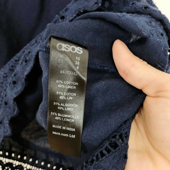 ASO Alexis Rose Schitts Creek -ASOS Navy Blue Off The Shoulder Eyelet Trim Dress - Picture 7 of 7